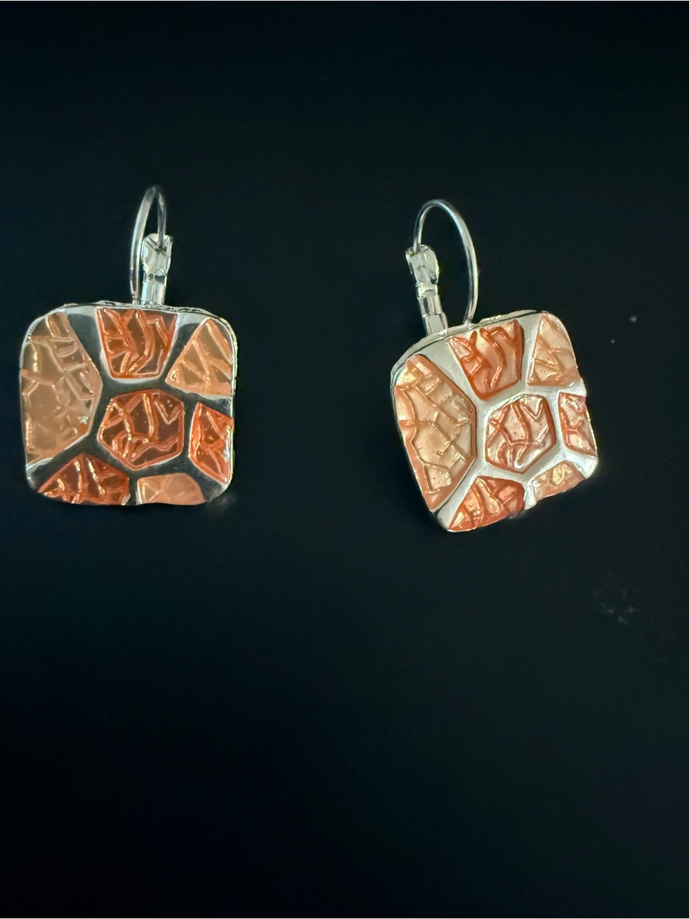 Copper Mosaic Square Drop sliver tone Earrings in excellent condition